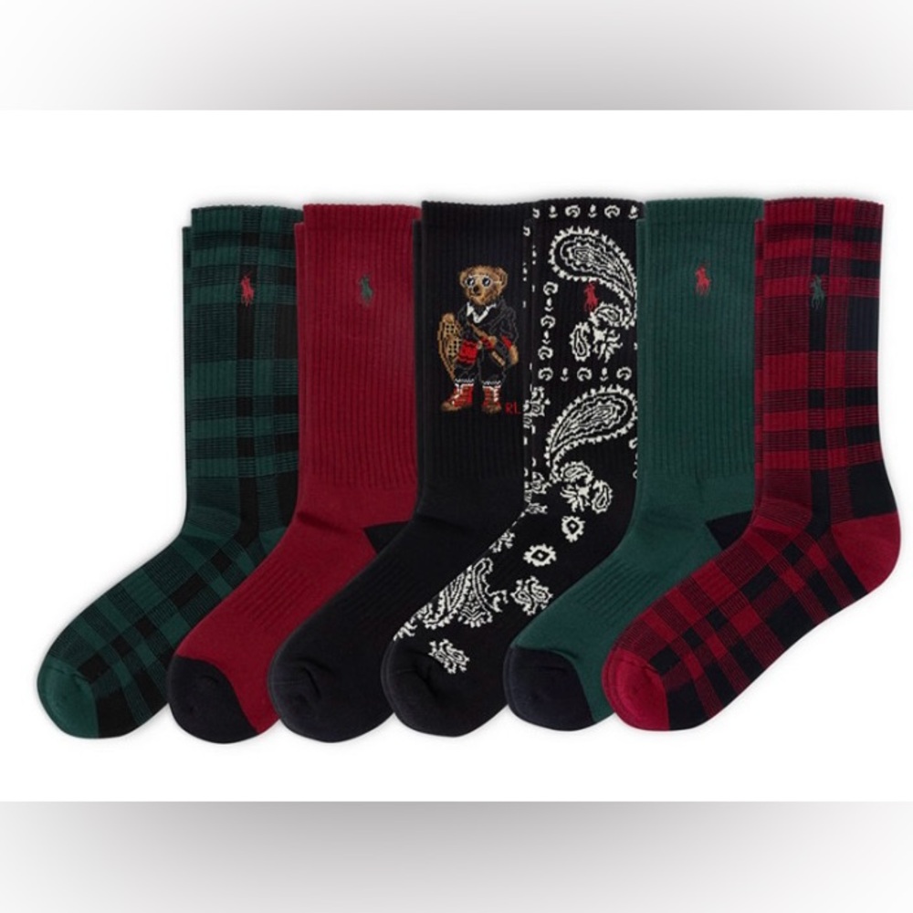 Polo by Ralph Lauren Men's Black, Green, Red Bear crew Patterned Socks